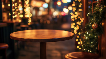 A beautifully set wooden table stands proudly in a charming restaurant, surrounded by glowing holiday lights that create a warm and inviting atmosphere.の素材