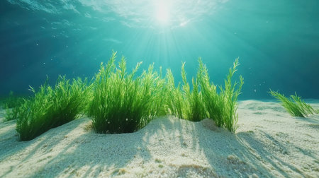 Discover a serene underwater scene showcasing vibrant green aquatic plants illuminated by sunlight filtering through clear ocean water.の素材