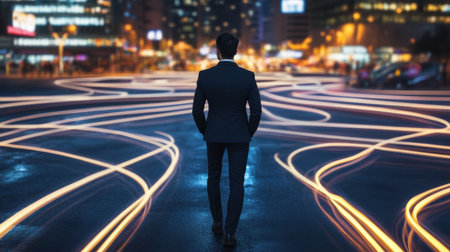 A businessman walks through a bustling city at night, surrounded by vibrant light trails illustrating motion and energy. The scene reflects a blend of calm determination and dynamic urban life.の素材