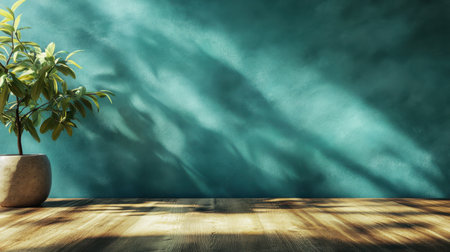 This serene indoor space features a vibrant green wall, a beautiful plant in a pot, and a warm wooden floor, illuminated by soft sunlight creating gentle shadows.の素材