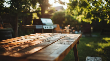 A rustic wooden table bathed in warm sunlight, surrounded by lush greenery and a barbecue grill, perfect for outdoor gatherings and summer relaxation.の素材