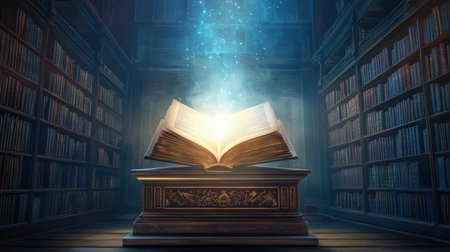 A mesmerizing scene showcasing an open book glowing in a magical library, surrounded by ancient bookshelves. The enchanting light symbolizes knowledge and creativity.の素材