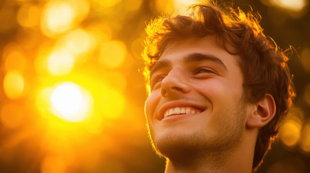 A close-up portrait of a young man displaying a joyful smile, illuminated by warm sunlight. His expression reflects happiness and positivity in a serene outdoor setting.の素材