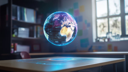 A captivating holographic globe illuminating a classroom, showcasing modern educational tools. This innovative representation enhances learning and engagement for students.の素材