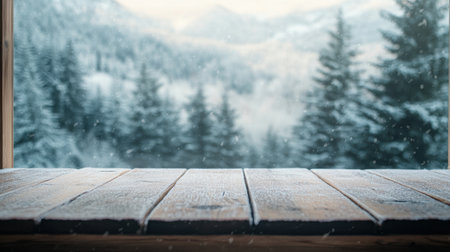 A cozy wooden table adorned with a light dusting of snow, set against a breathtaking snowy landscape featuring distant mountains and a tranquil forest.の素材