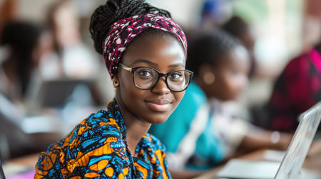 A confident young woman wearing vibrant traditional attire smiles at the camera while studying in a lively classroom filled with students.の素材