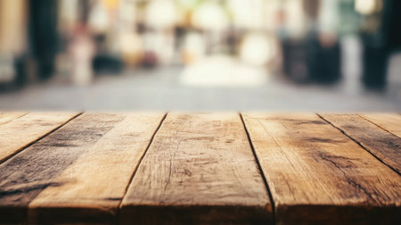 A rustic wooden table surface showcases unique texture and grain, set against a softly blurred background. Ideal for product placement or cozy setting visuals.の素材