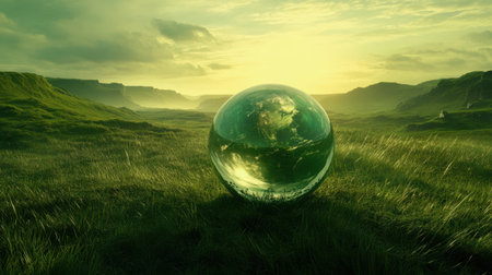 A captivating green landscape featuring a crystal sphere that reflects the Earth, illuminated by warm sunlight at sunrise, creating a serene atmosphere.の素材