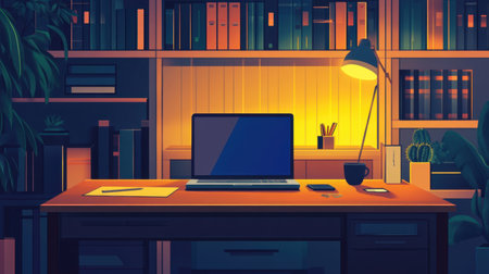Explore a cozy workspace featuring a laptop on a wooden desk, illuminated by warm lamp light, surrounded by bookshelves and green plants, ideal for creativity.の素材
