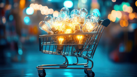 A shopping cart overflowing with light bulbs symbolizes bright ideas and creativity. This visually striking image highlights innovation and modern commerce.の素材