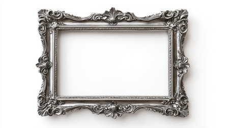 This ornate silver picture frame features an elegant baroque design. Perfect for displaying artwork or photographs in a stylish and sophisticated setting.の素材