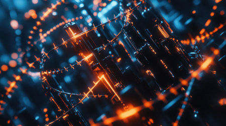 Explore a captivating abstract digital background featuring glowing lines and patterns. This vibrant design symbolizes technology and innovation in a dynamic space.の素材