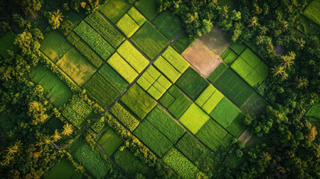 Stunning aerial photography of vibrant green rice fields, showcasing intricate patterns and textures in nature. Ideal for agriculture and landscape themes.の素材