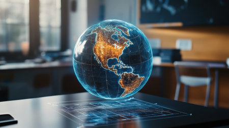 A stunning holographic globe showcases North and South America in a modern classroom setting, emphasizing technology's role in education and interactive learning.の素材