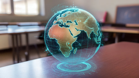 A captivating digital globe showcasing Africa within a classroom environment, ideal for educational content related to geography, technology, and global studies.の素材