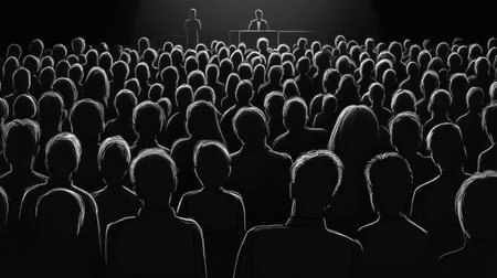 A dramatic view of an audience in darkness captivated by a speaker. The image captures the intensity of engagement and connection in a presentation setting.の素材