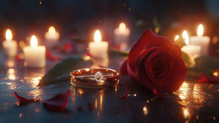 A beautiful romantic setup featuring an engagement ring next to a red rose, surrounded by glowing candles and petals, perfect for celebrating love and special moments.の素材
