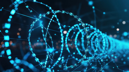 This captivating image features vibrant blue circles with glowing light effects, representing a futuristic technology theme. Ideal for digital projects.の素材