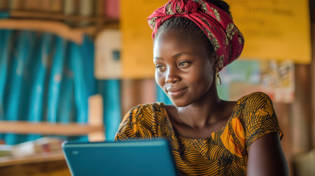 A young woman with a colorful headscarf uses a laptop in a cozy indoor setting. Her warm smile and engaged expression reflect a moment of creativity and connection.の素材