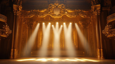 A stunning theater stage featuring bright spotlights and exquisite golden decorations. The elegant ambiance sets the perfect scene for dramatic performances and artistic expression.の素材