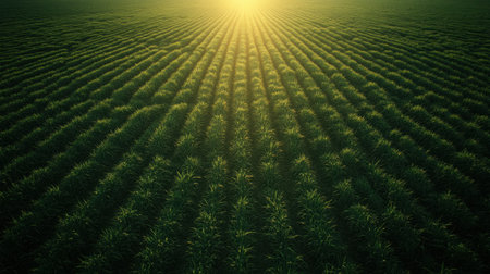 A serene view of a green grass field bathed in warm sunlight during sunrise. The rows create a captivating pattern, highlighting nature's beauty and tranquility.の素材