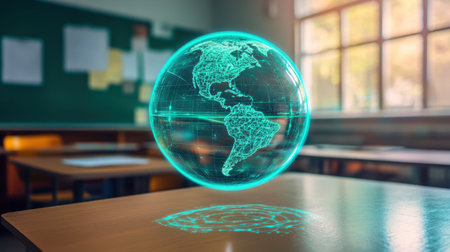 A creative representation of a floating digital globe in a classroom. This futuristic design highlights the merging of education and technology, showcasing global connections.の素材