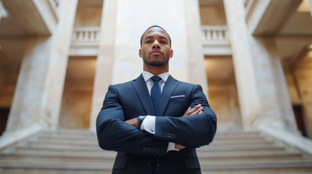 A confident businessman stands in an elegant hallway, showcasing professionalism and determination. The atmosphere is sophisticated and inspiring, making it perfect for business themes.の素材