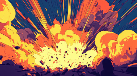 This striking illustration captures a vibrant explosion scene filled with dynamic colors and expressive lines, conveying energy and intensity in a visually captivating way.の素材