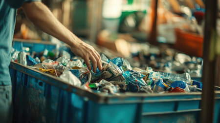 A human hand carefully sorts through a collection bin filled with plastic waste. This scene highlights the crucial process of recycling and waste management for a sustainable future.の素材