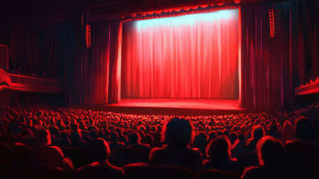 A captivating theater stage featuring rich red curtains, inviting the audience into a world of performance and drama. The dimly lit ambiance enhances the excitement of the upcoming show.の素材