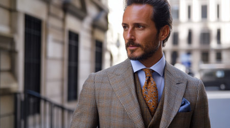 A dapper man confidently strolls through an urban setting, showcasing a stylish brown suit with a checkered pattern. The sophisticated look is completed with an elegant tie and accessories.の素材