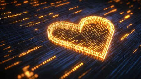 This image features a glowing heart shape made of bright lines on a dark background, symbolizing love and connection in a digital world.の素材