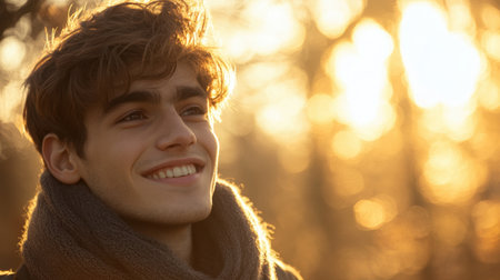 A young man with a friendly smile enjoys the beauty of nature during golden hour, wrapped in a cozy scarf. The soft sunlight creates a warm, serene atmosphere.の素材
