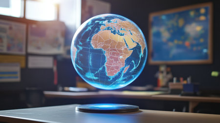 A stunning 3D holographic globe showcasing Africa, suspended in a modern classroom environment, perfect for emphasizing innovative teaching methods in geography and technology.の素材