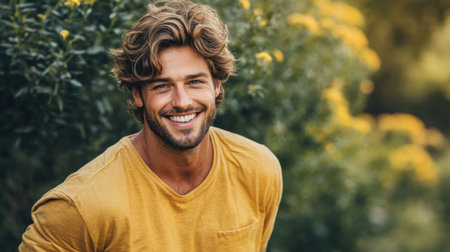 A cheerful young man with a bright smile wearing a yellow shirt stands in a lush garden filled with blooming flowers, radiating warmth and happiness.の素材