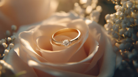 A stunning diamond ring delicately rests on a soft pink rose petal, capturing the essence of romance and elegance in jewelry design. Perfect for wedding themes.の素材