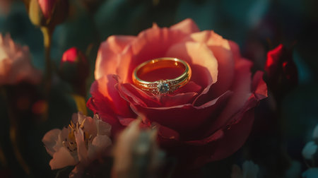A stunning golden wedding ring elegantly rests upon a delicate pink rose petal, symbolizing love and commitment in a romantic floral setting.の素材