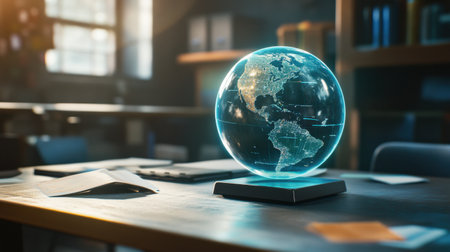 A stunning transparent globe sits on a wooden table in a modern office, illuminated by sunlight. This captivating design emphasizes geography and innovative technology, creating an ideal workspace ambiance.の素材