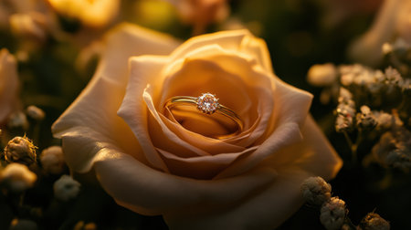 A beautiful engagement ring rests gracefully on a soft rose, surrounded by delicate petals and blooms. The warm lighting enhances the romantic atmosphere, making it perfect for love stories.の素材