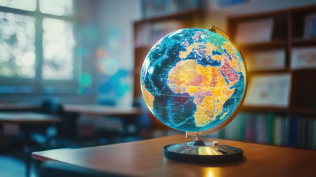 A vibrant globe placed on a table in a well-lit classroom. The globe features detailed geographical regions, enhancing the educational atmosphere for learning about the world.の素材