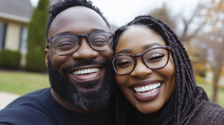 A joyful and smiling diverse couple enjoys a warm day outdoors, showcasing love and happiness. Their affectionate moment captures true connection and togetherness.の素材