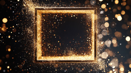A stunning shimmering gold glitter frame set against a dark background, filled with bokeh effects and sparkles, perfect for festive designs and celebrations.の素材