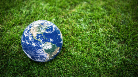 A vibrant globe representing Earth rests on a patch of lush green grass, highlighting the beauty and importance of nature and environmental conservation.の素材