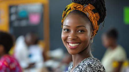 A joyful woman wearing a colorful headwrap smiles warmly in a lively cultural setting, showcasing beauty and confidence. Her vibrant expression reflects a positive atmosphere.の素材