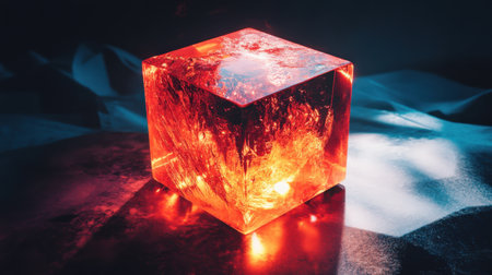 A vibrant red crystal cube radiates warmth and light, casting striking reflections on a dark surface. The abstract design and smooth texture create an elegant visual composition.の素材