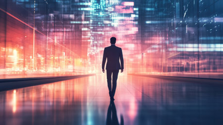 A silhouette of a man walking towards vibrant city lights in a futuristic urban setting, showcasing a blend of motion, solitude, and modernity.の素材