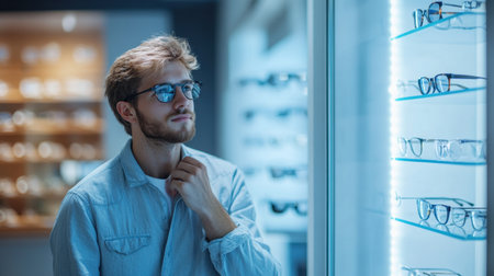 A thoughtful young man stands in a bright optical store, contemplating his choices of stylish eyeglasses displayed under soft lighting.の素材