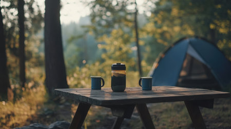 A cozy camping scene featuring two mugs of coffee on a rustic wooden table, surrounded by a serene forest setting and a blue tent, inviting adventure and relaxation.の素材