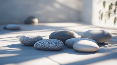 A collection of smooth river stones arranged on a minimalist surface, casting soft shadows. This serene scene highlights the natural beauty and texture of stones, ideal for soothing decor or relaxation themes.の素材