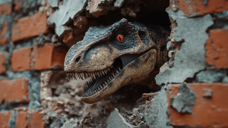A detailed close-up of a dinosaur head breaking through a brick wall, capturing a fierce expression that evokes a sense of surprise and adventure in an urban environment.の素材
